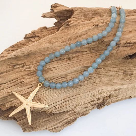 Gemstone Beaded Necklace with Starfish Pendant by Virtue Jewelry Design in Blue