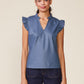 Vegan Leather Flutter Sleeve Top by ANTHEM the label in Blue Grey