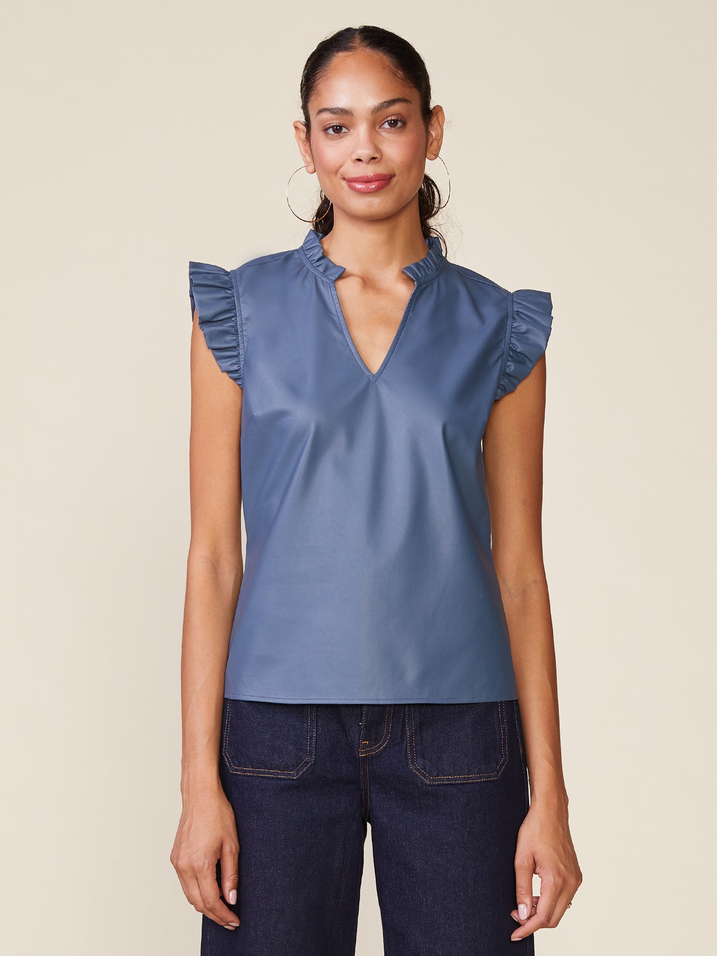 Vegan Leather Flutter Sleeve Top by ANTHEM the label in Blue Grey
