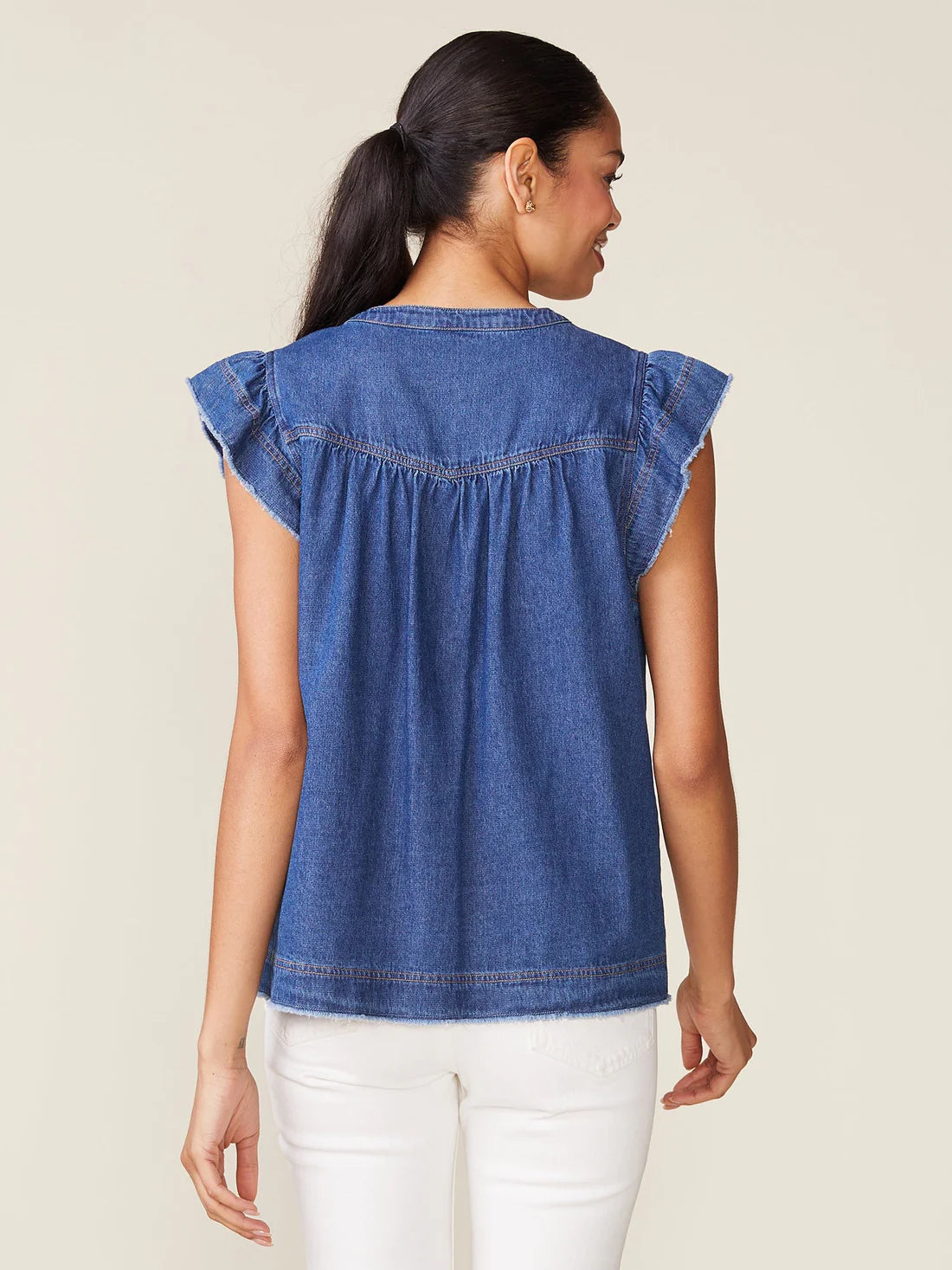 Flutter Sleeve Raw Edge Denim Tee by ANTHEM the label in Indigo