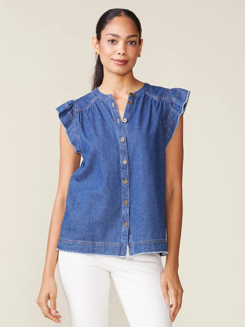 Flutter Sleeve Raw Edge Denim Tee by ANTHEM the label in Indigo