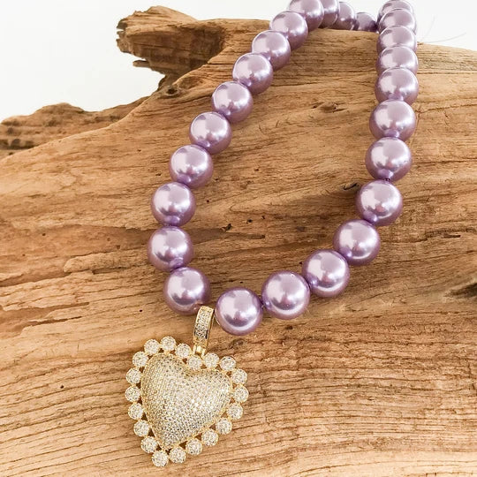 Heart Pendant on 16" Jumbo Round Shell Pearl Necklace in Lilac