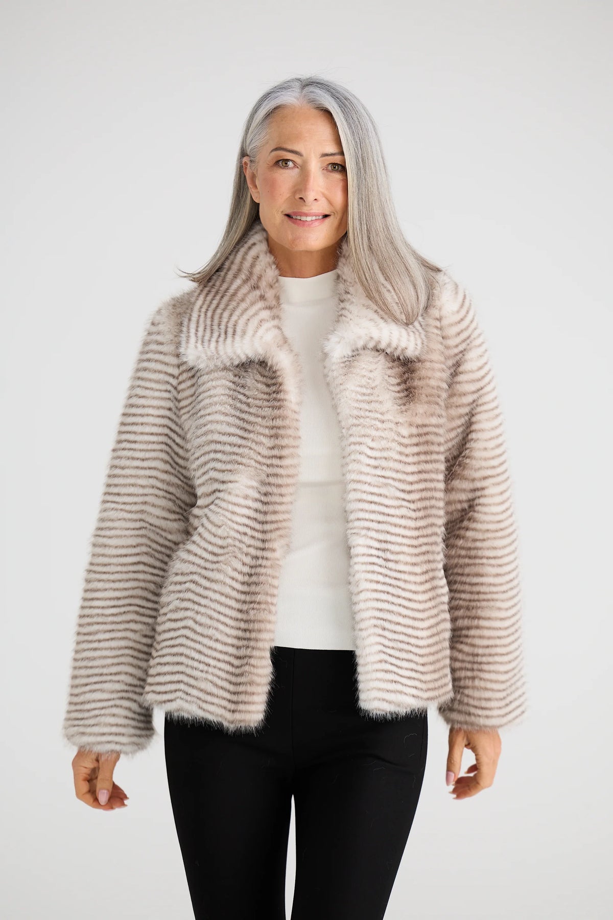Steinway Faux Fur Jacket by Brave & True in Grey Stripe