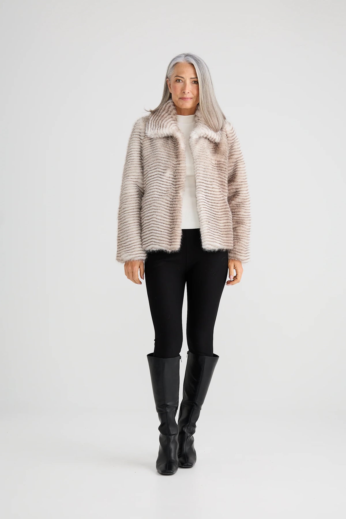 Steinway Faux Fur Jacket by Brave & True in Grey Stripe