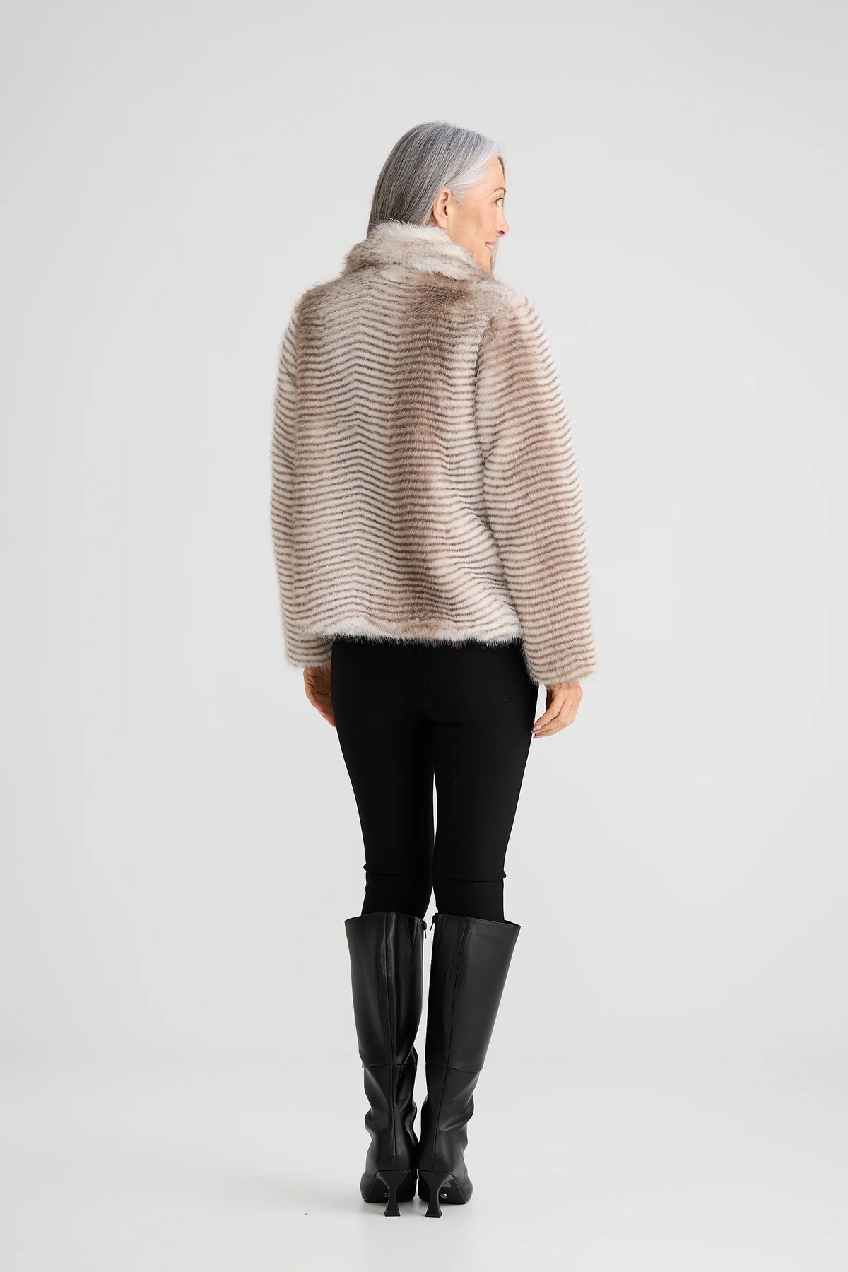 Steinway Faux Fur Jacket by Brave & True in Grey Stripe