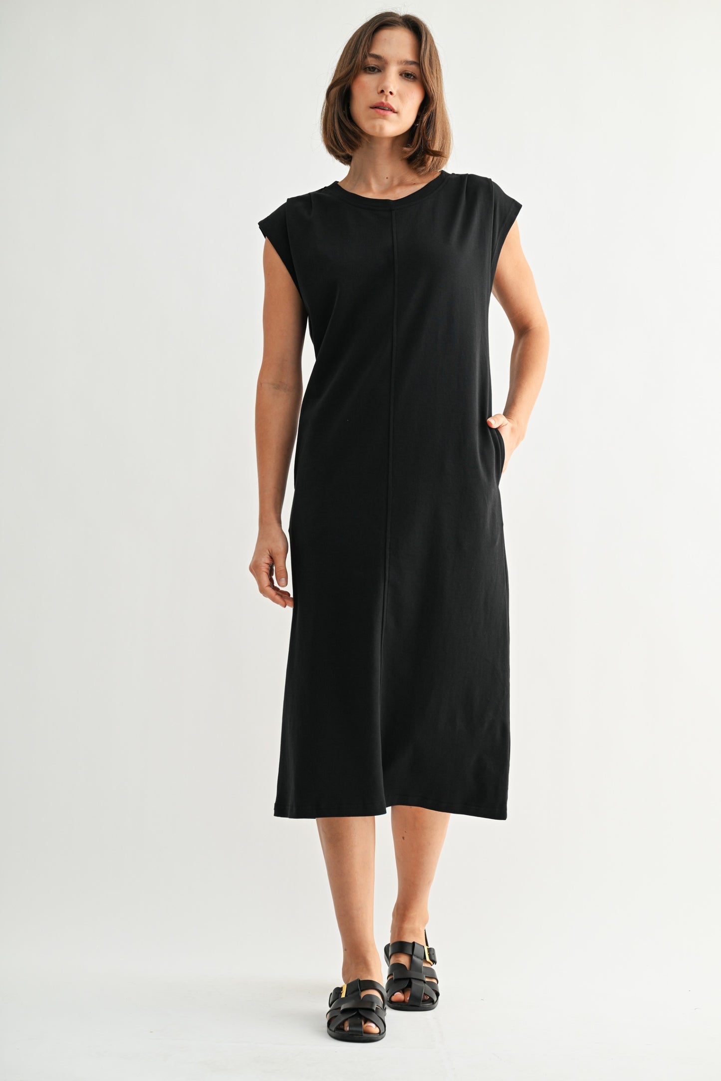 Pleated Shoulder Jersey Knit Dress by Fun2Fun in Black
