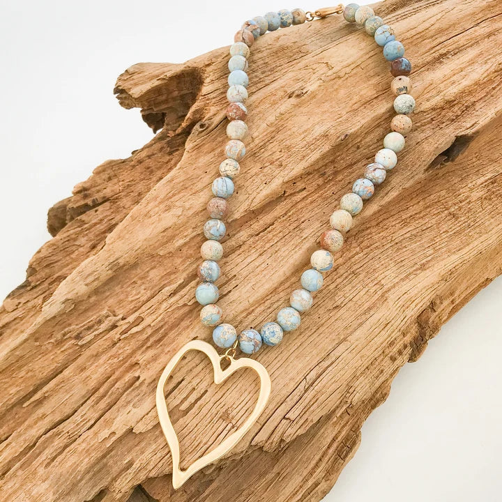 Gemstone Beaded Necklace w/XL Heart by Virtue Jewelry Design in Blue Sea