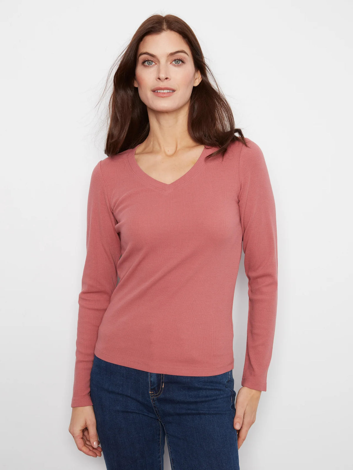 Ribbed V-Neck Long Sleeve Top by Charlie B in Rosebud