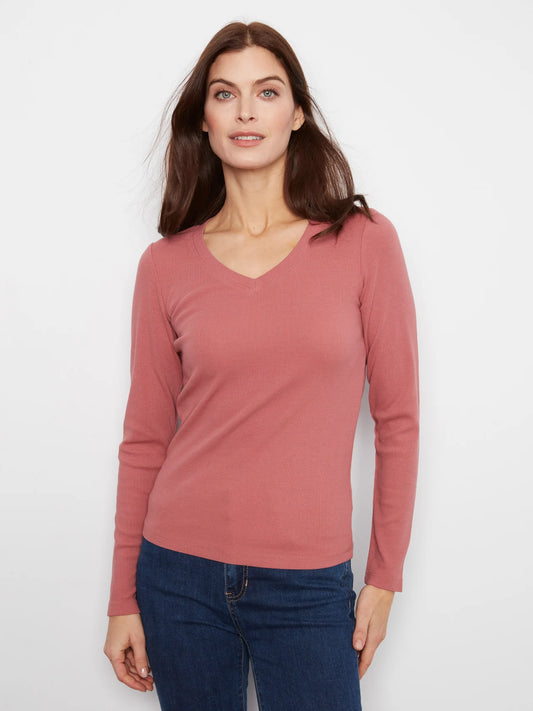Ribbed V-Neck Long Sleeve Top by Charlie B in Rosebud
