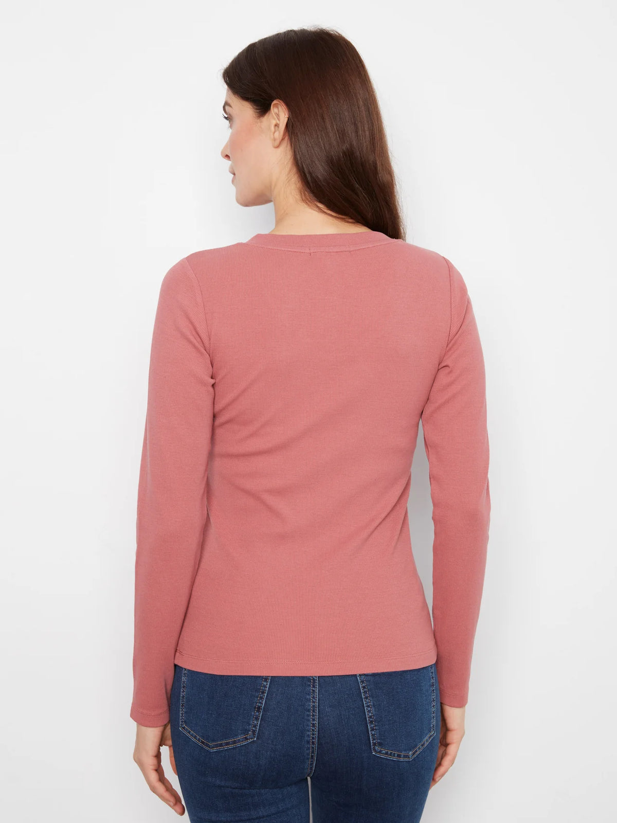 Ribbed V-Neck Long Sleeve Top by Charlie B in Rosebud