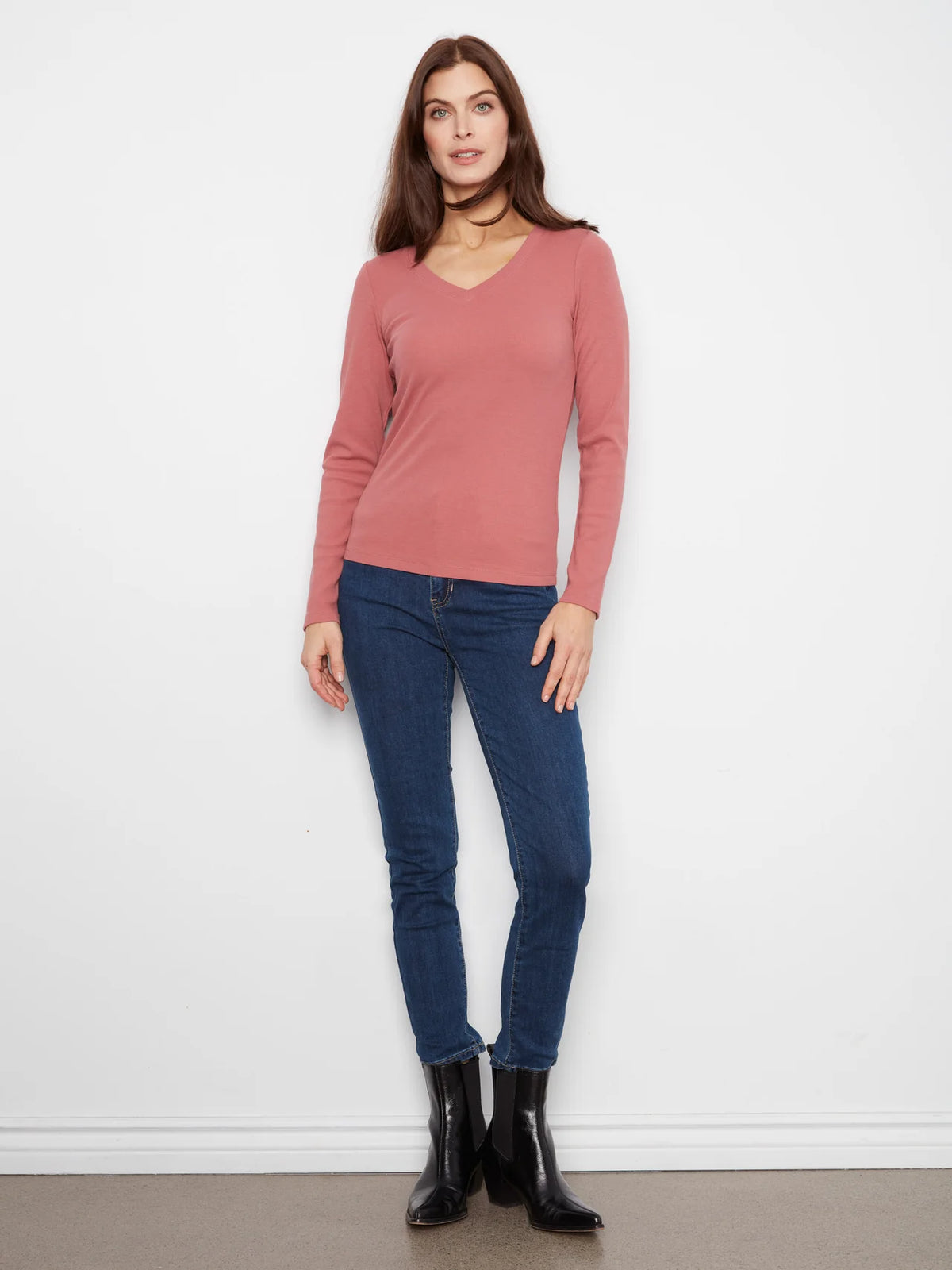 Ribbed V-Neck Long Sleeve Top by Charlie B in Rosebud