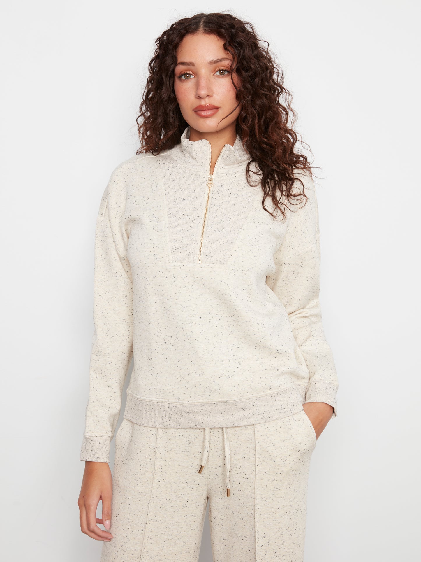 Long Sleeve Half-Zip High Collar Pullover by Charlie B in Cookies and Cream