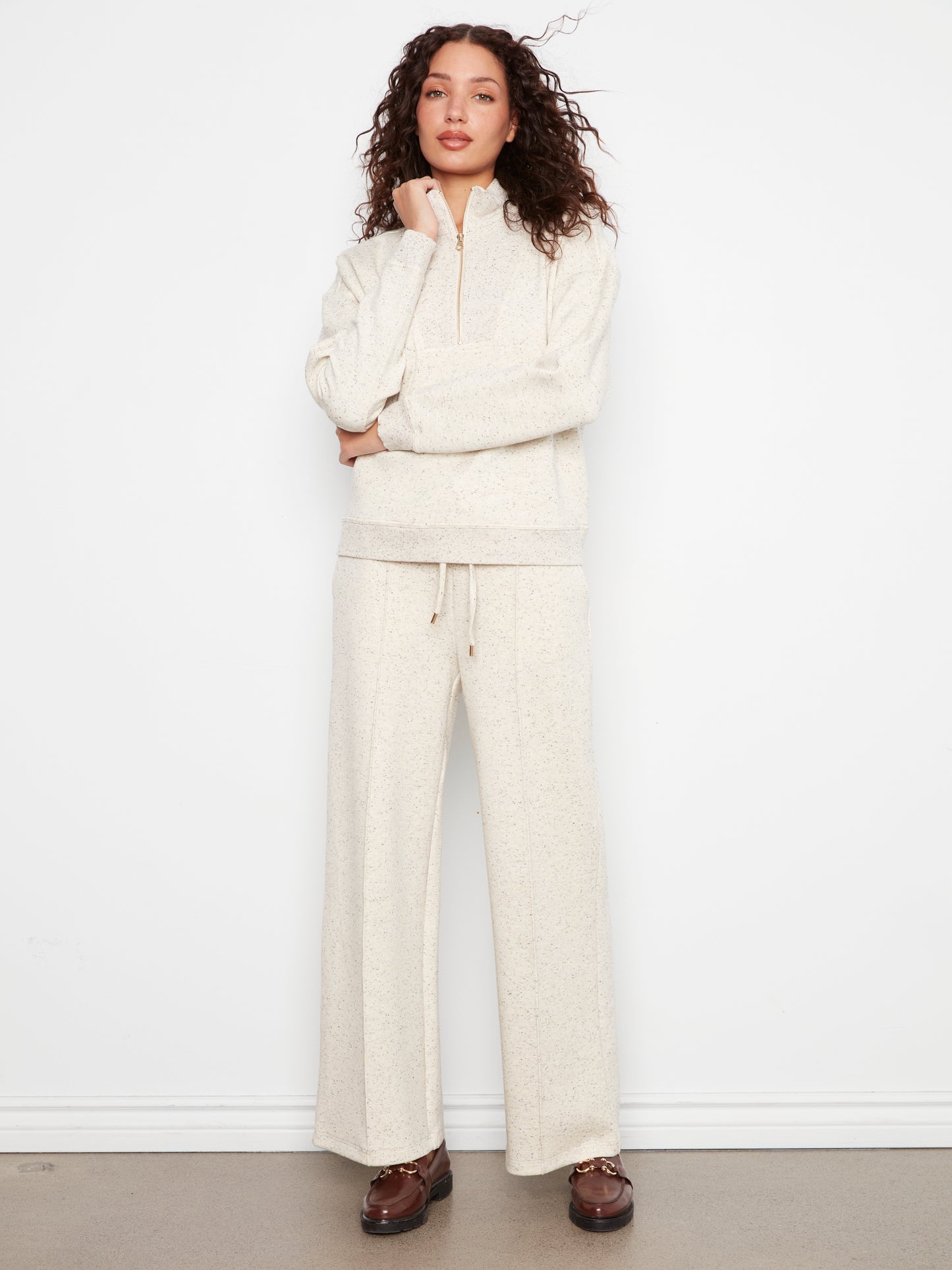Long Sleeve Half-Zip High Collar Pullover by Charlie B in Cookies and Cream