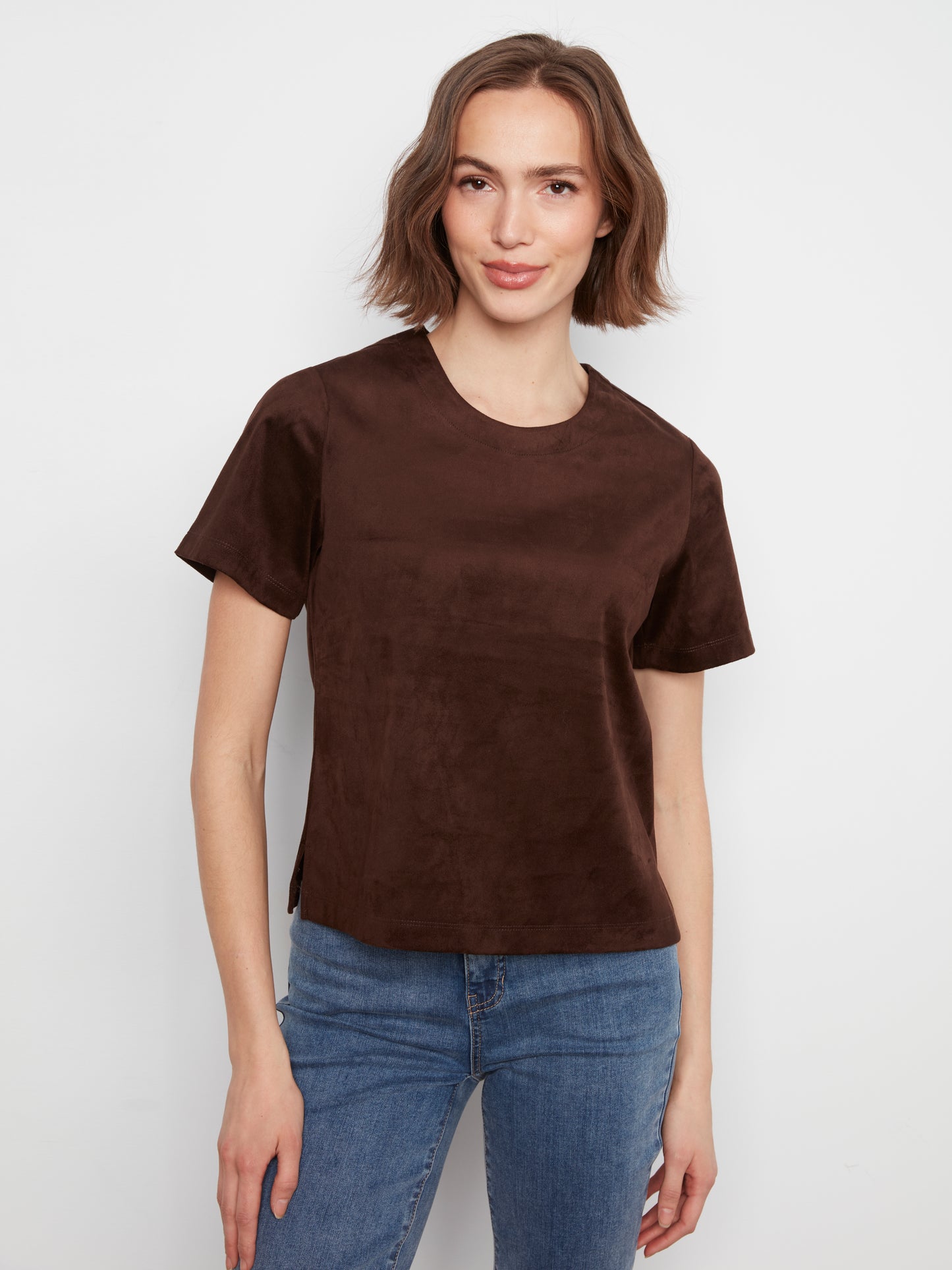 Faux Suede Short Sleeve Top by Charlie B in Coffee