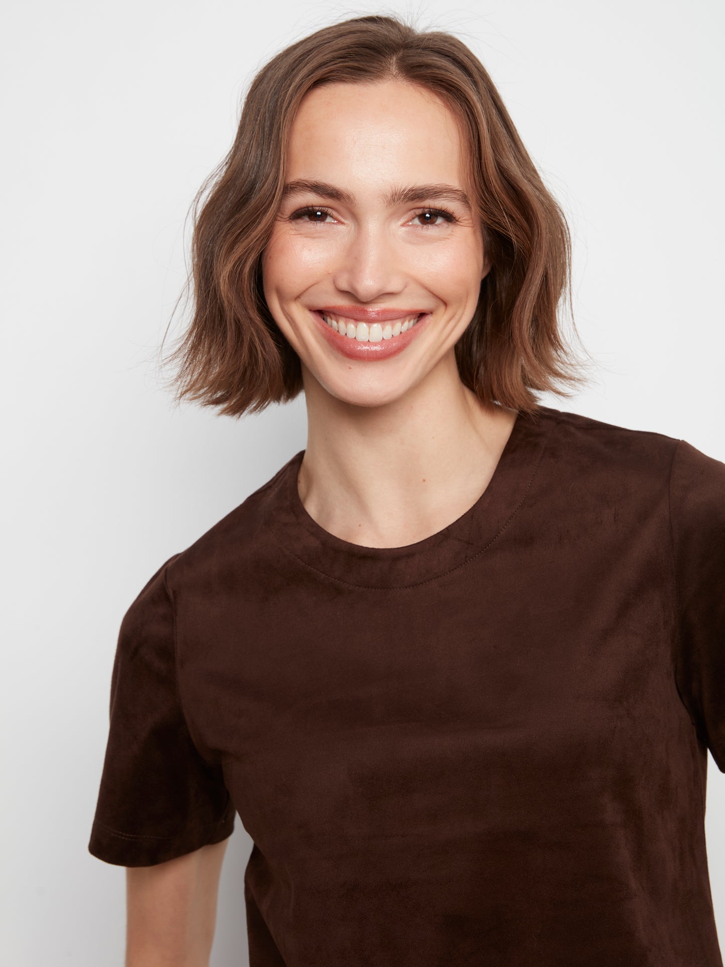 Faux Suede Short Sleeve Top by Charlie B in Coffee