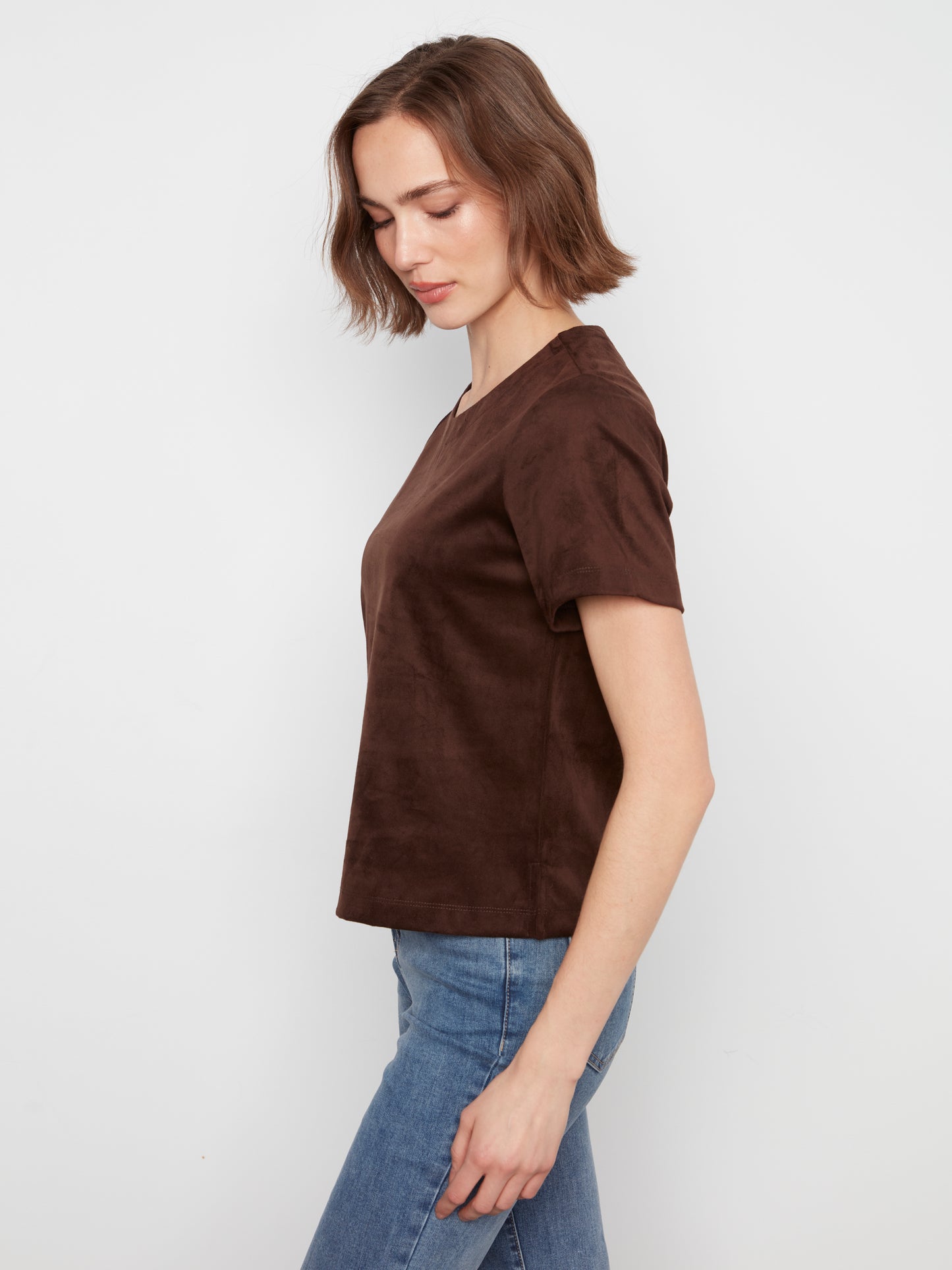 Faux Suede Short Sleeve Top by Charlie B in Coffee