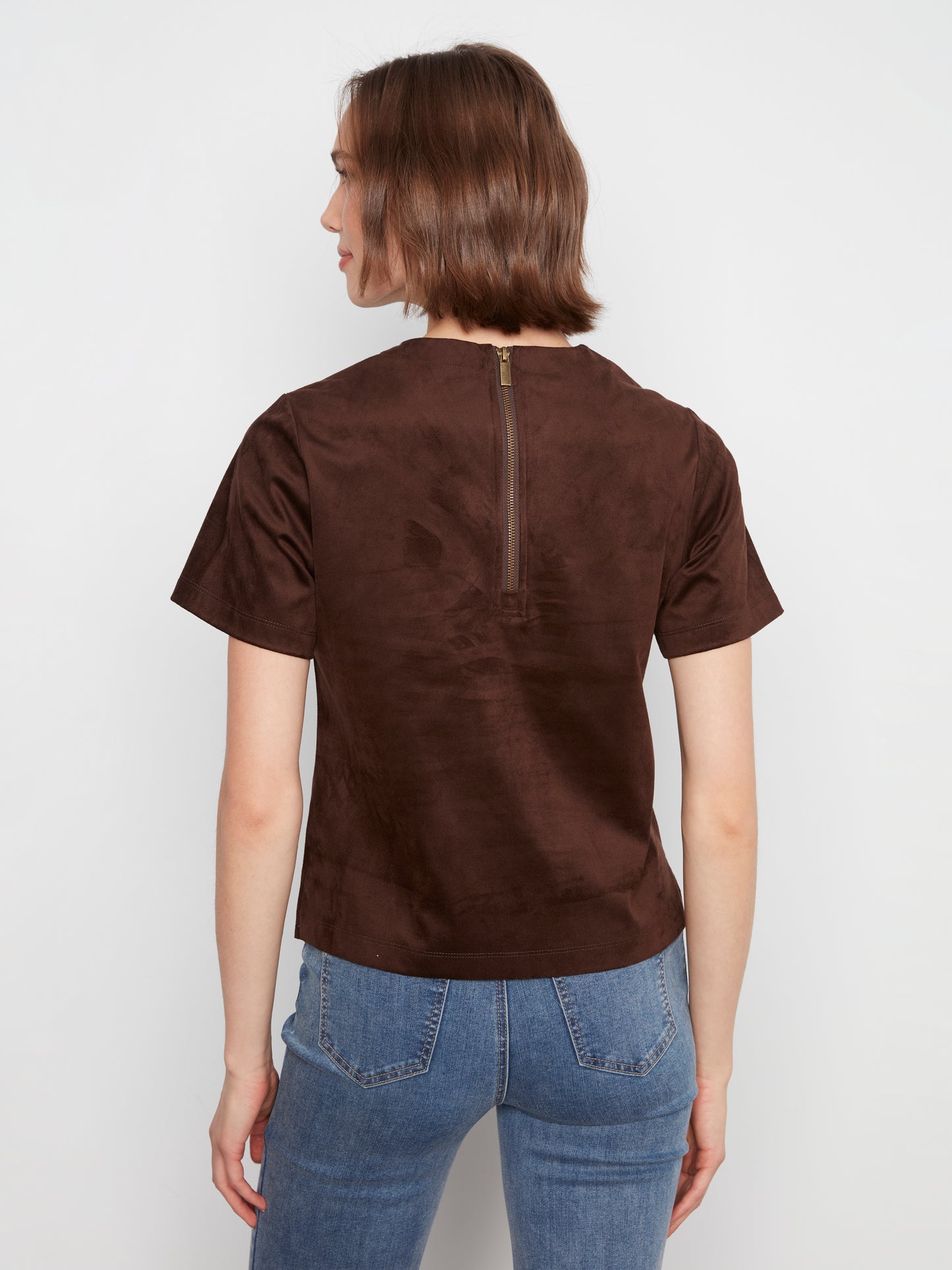 Faux Suede Short Sleeve Top by Charlie B in Coffee