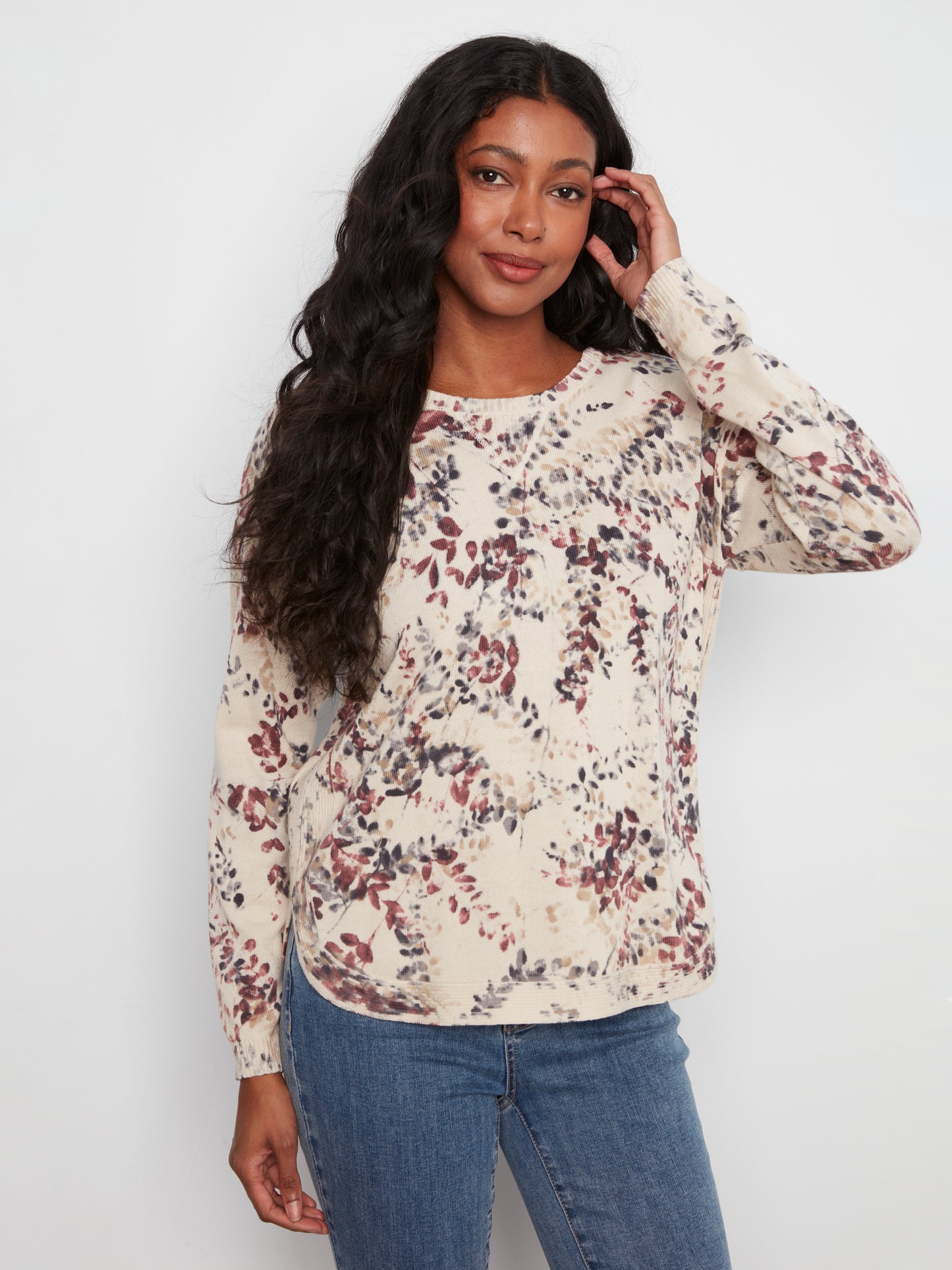 Long Sleeve Crew Neck Printed Top by Charlie B in Poetry
