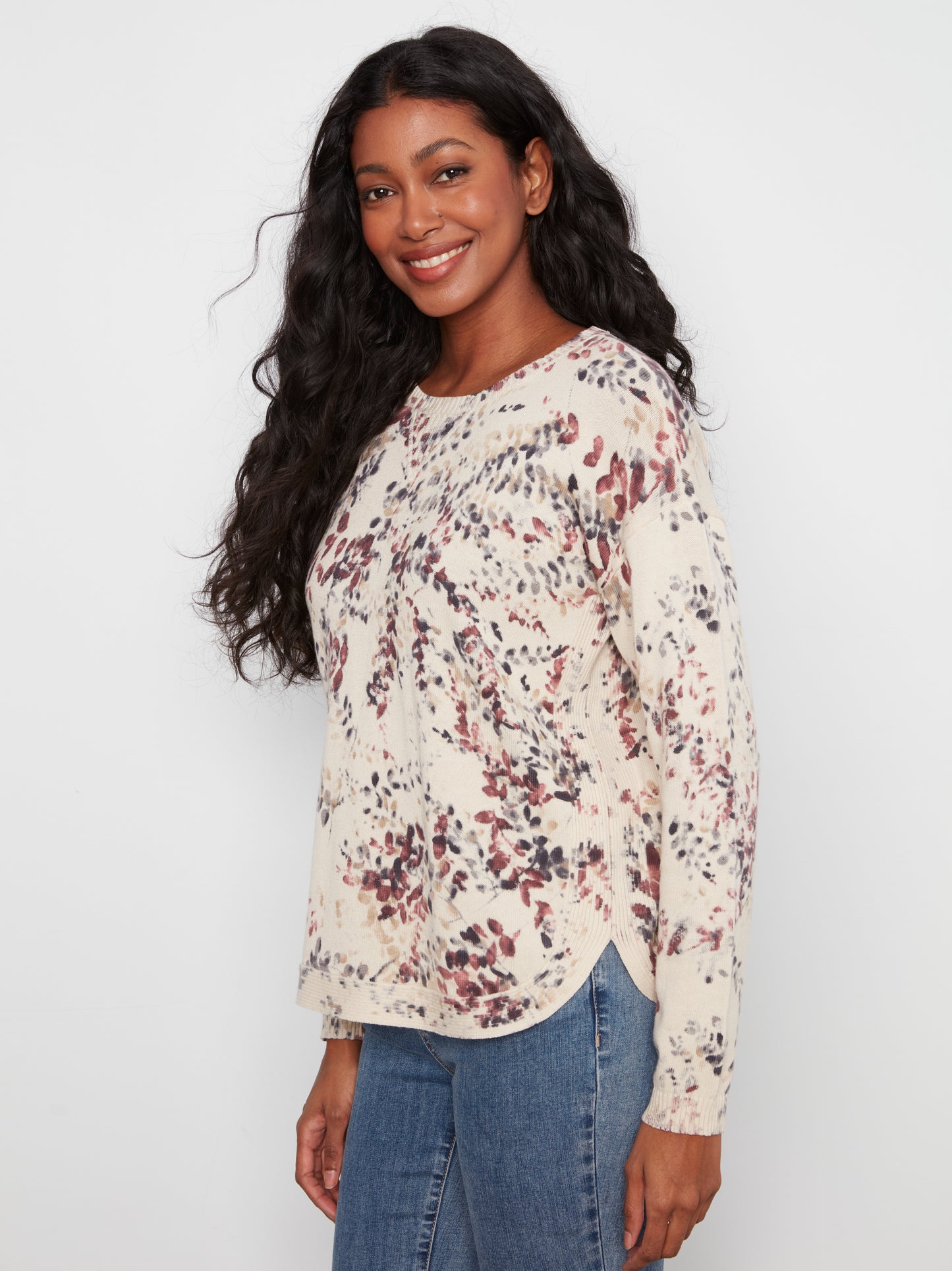 Long Sleeve Crew Neck Printed Top by Charlie B in Poetry