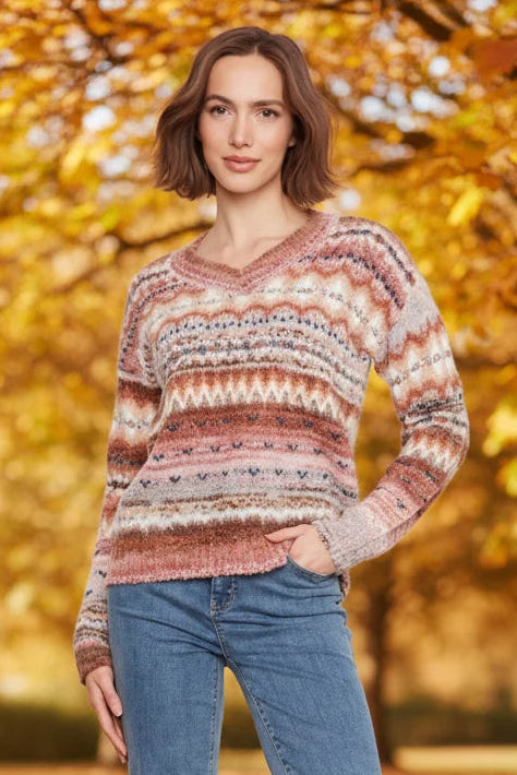 Long Sleeve V-Neck Space Dye Sweater by Charlie B in Rosebud