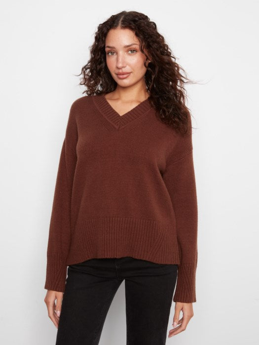 V-Neck Knit Sweater by Charlie B in Heather Brown