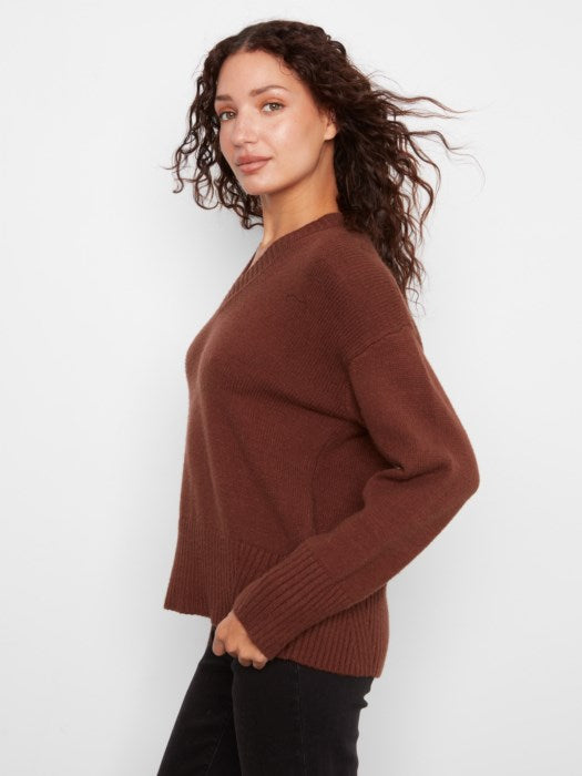 V-Neck Knit Sweater by Charlie B in Heather Brown
