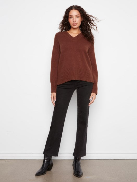 V-Neck Knit Sweater by Charlie B in Heather Brown