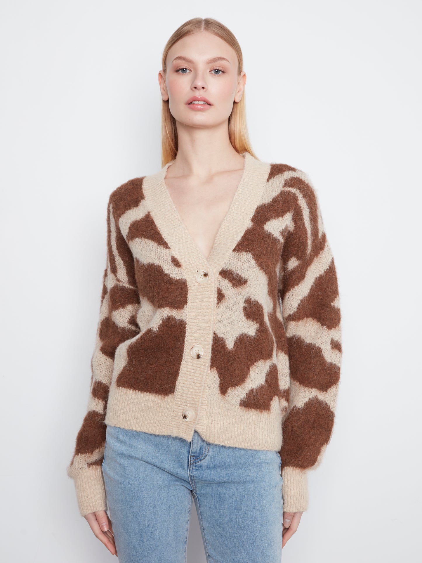 Cow Print V-Neck Cardigan by Charlie B in Ranch