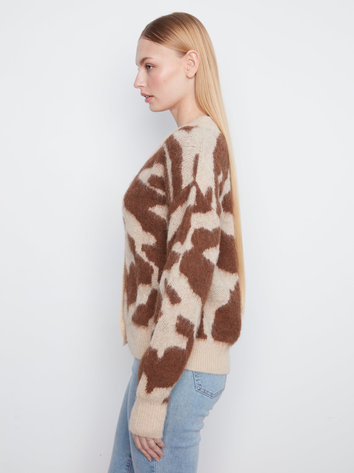 Cow Print V-Neck Cardigan by Charlie B in Ranch
