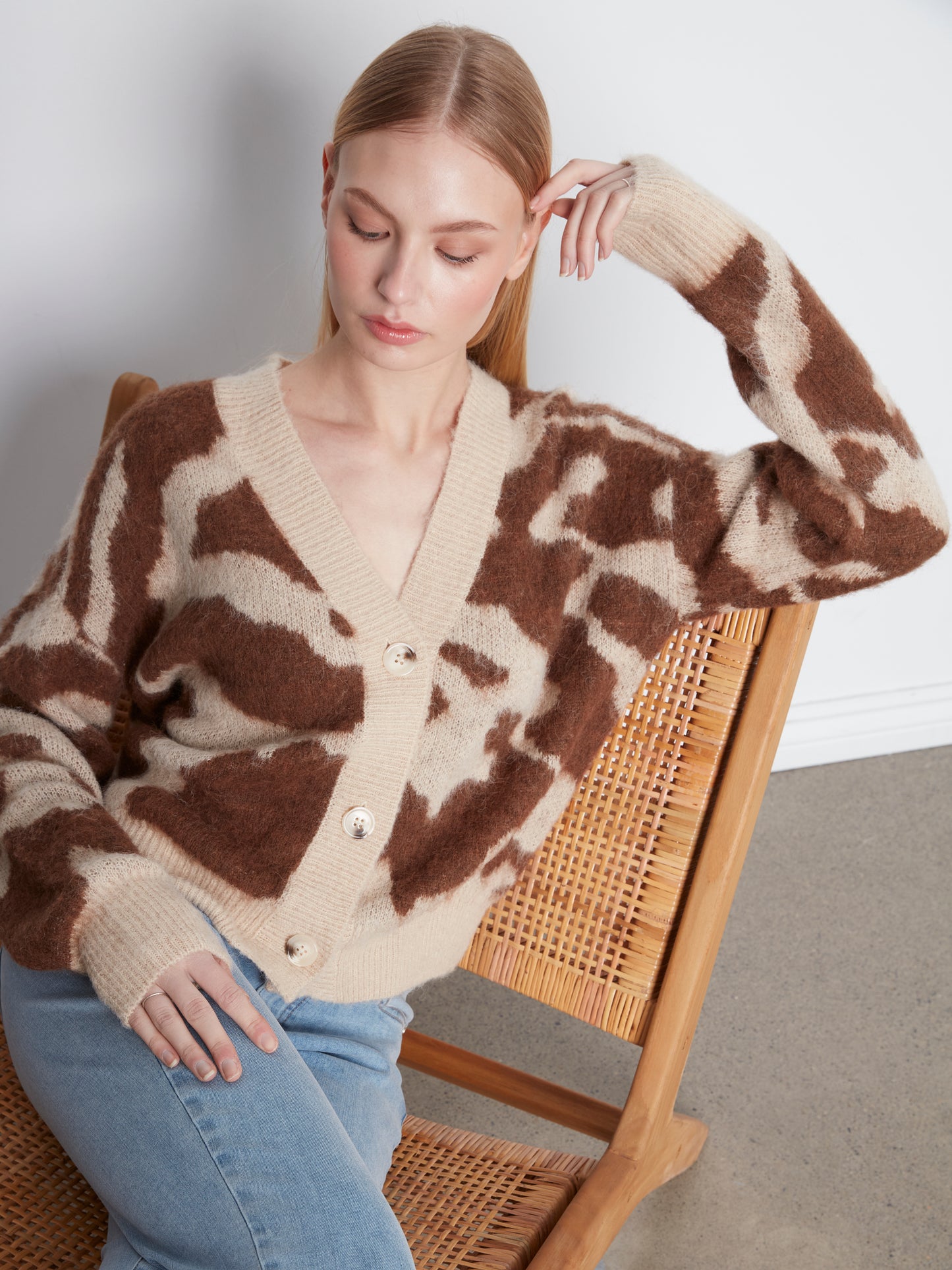 Cow Print V-Neck Cardigan by Charlie B in Ranch