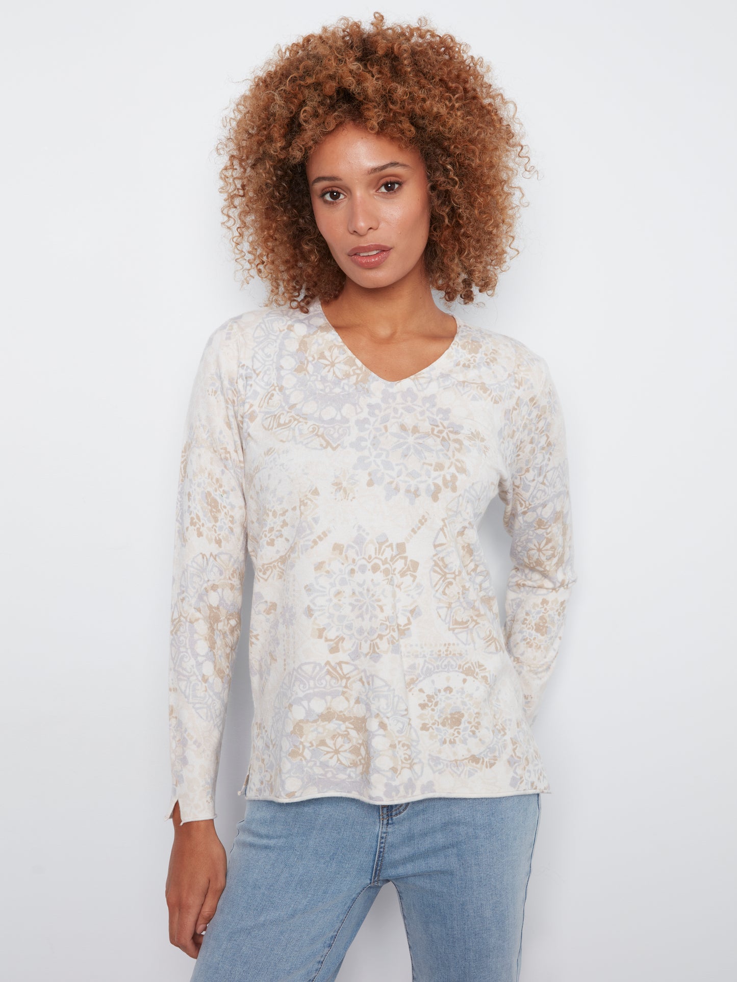 Printed Long Sleeve V-Neck Top by Charlie B in Timeless