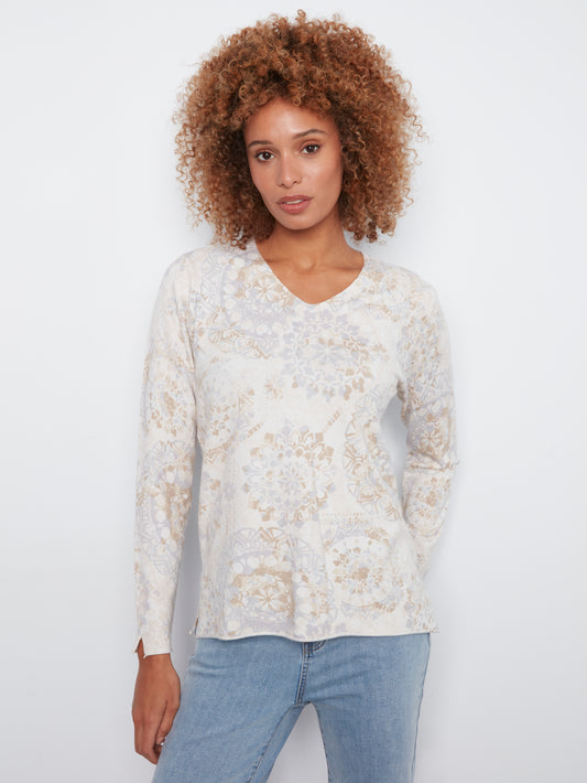 Printed Long Sleeve V-Neck Top by Charlie B in Timeless
