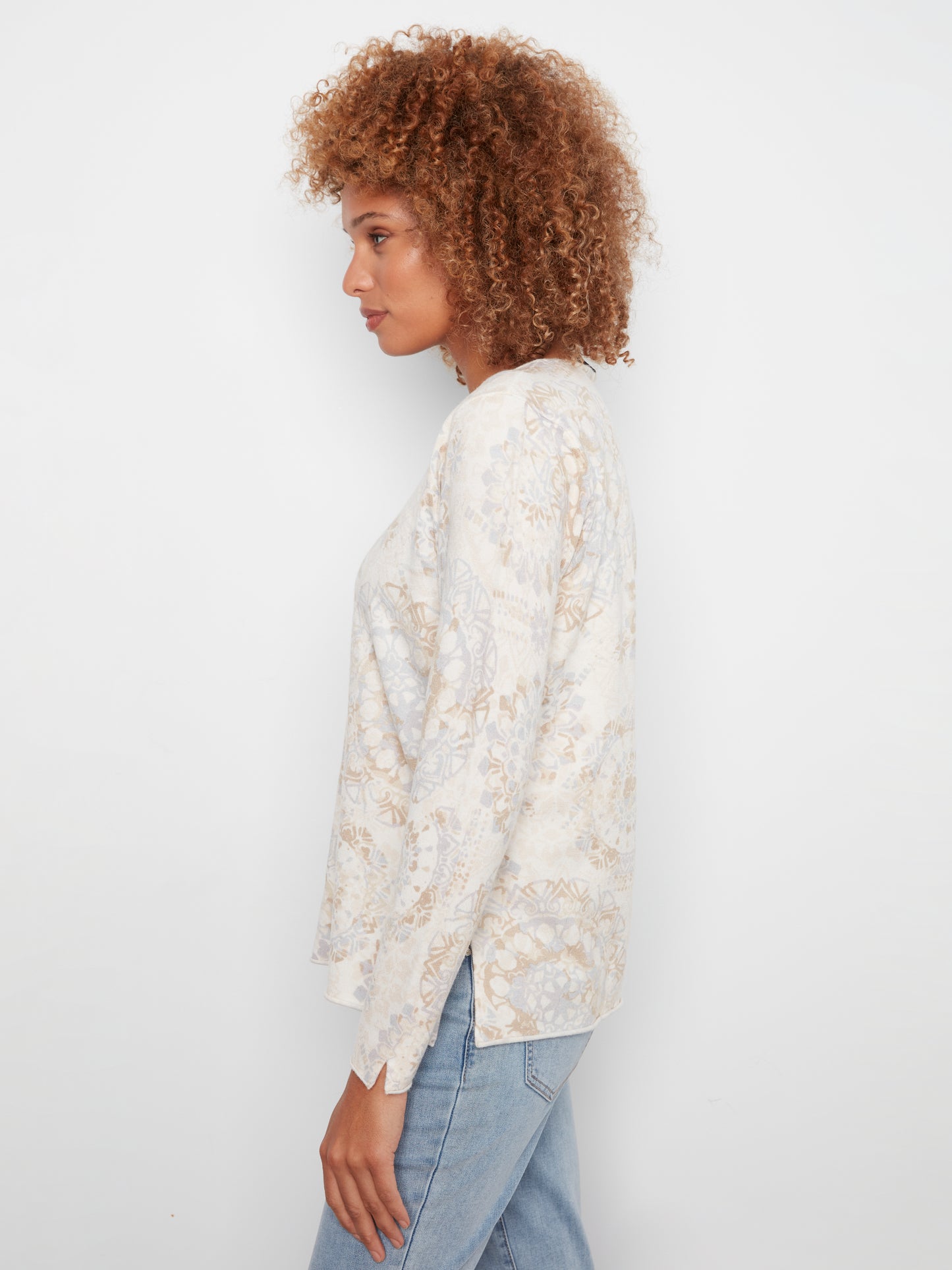 Printed Long Sleeve V-Neck Top by Charlie B in Timeless