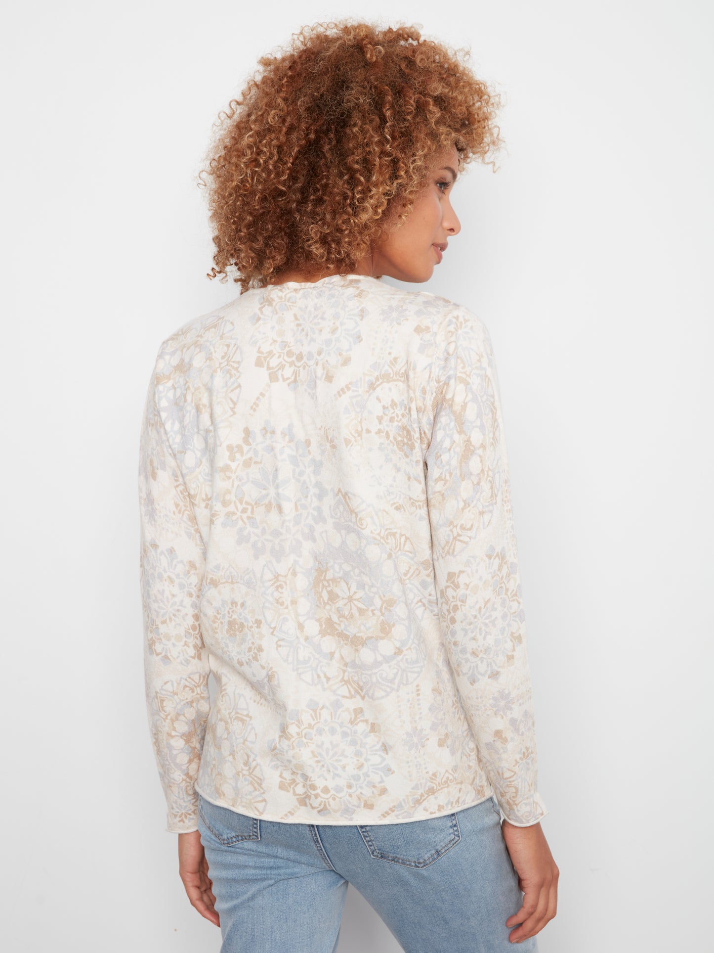 Printed Long Sleeve V-Neck Top by Charlie B in Timeless
