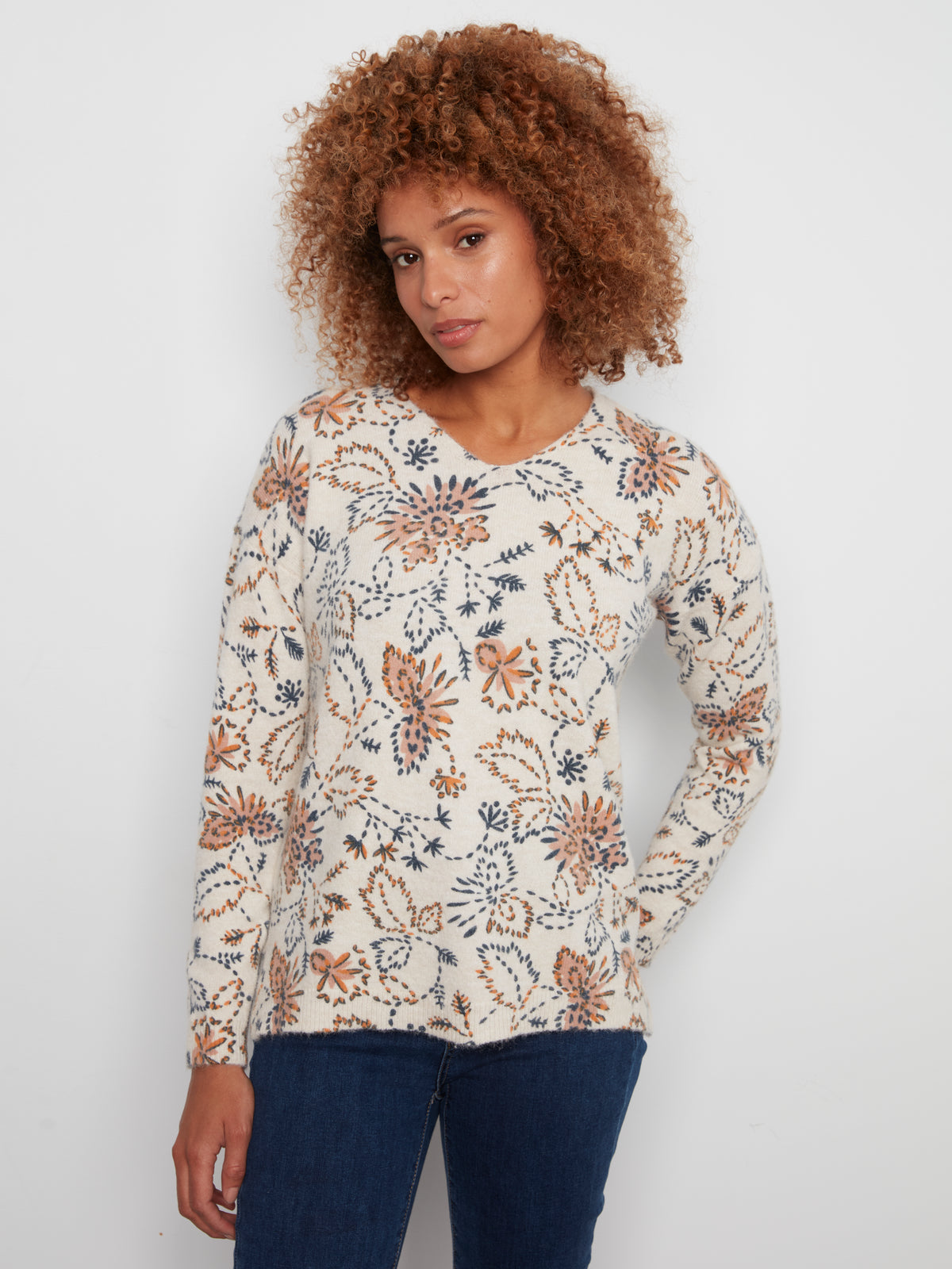 Long Sleeve Drop Shoulder V-Neck Sweater by Charlie B in Snowflake