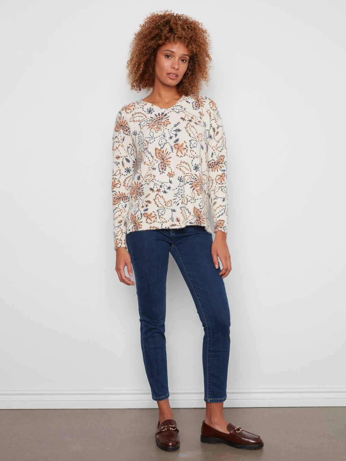 Long Sleeve Drop Shoulder V-Neck Sweater by Charlie B in Snowflake