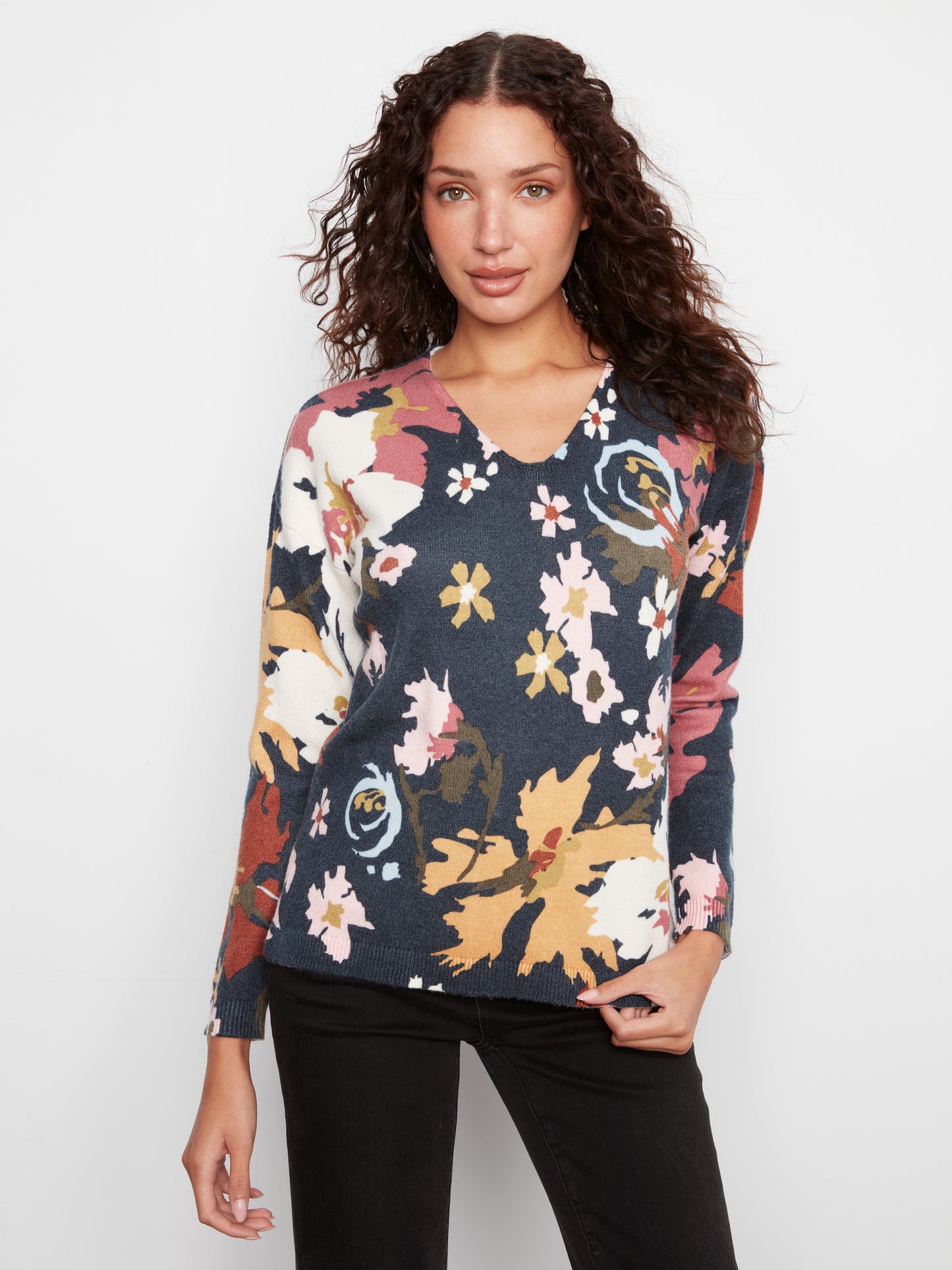 Long Sleeve Drop Shoulder Printed V-Neck Top by Charlie B in Bloom