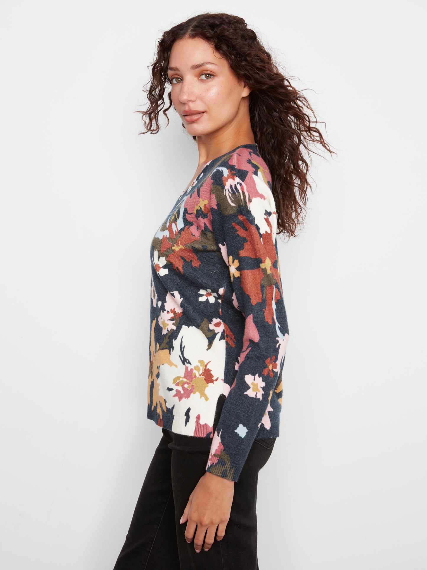 Long Sleeve Drop Shoulder Printed V-Neck Top by Charlie B in Bloom