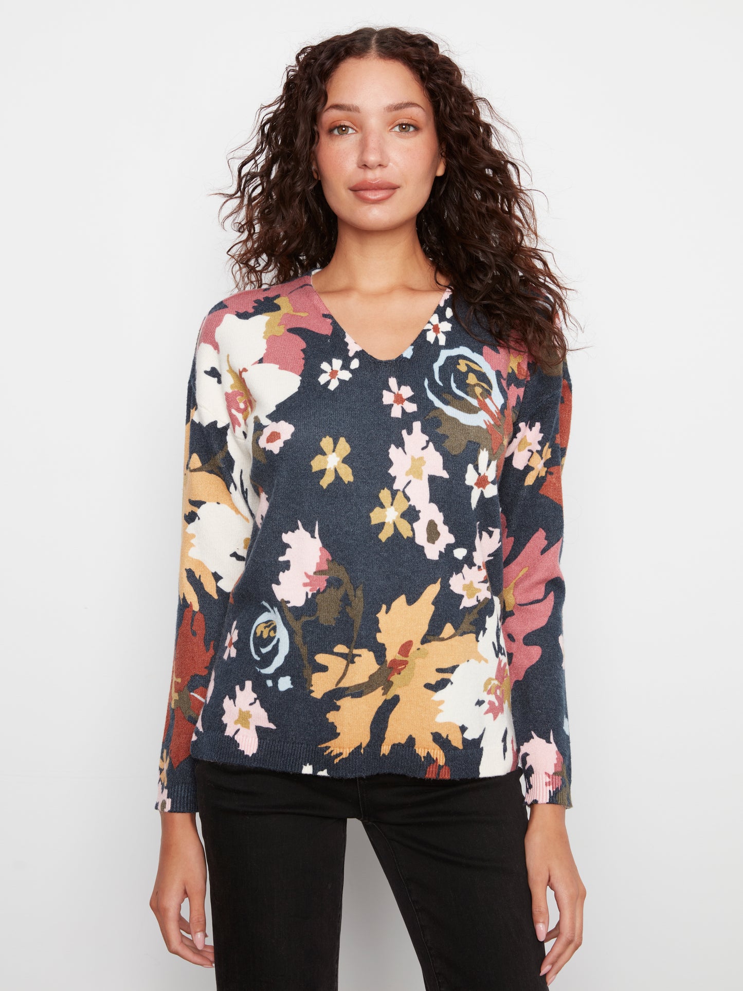 Long Sleeve Drop Shoulder Printed V-Neck Top by Charlie B in Bloom