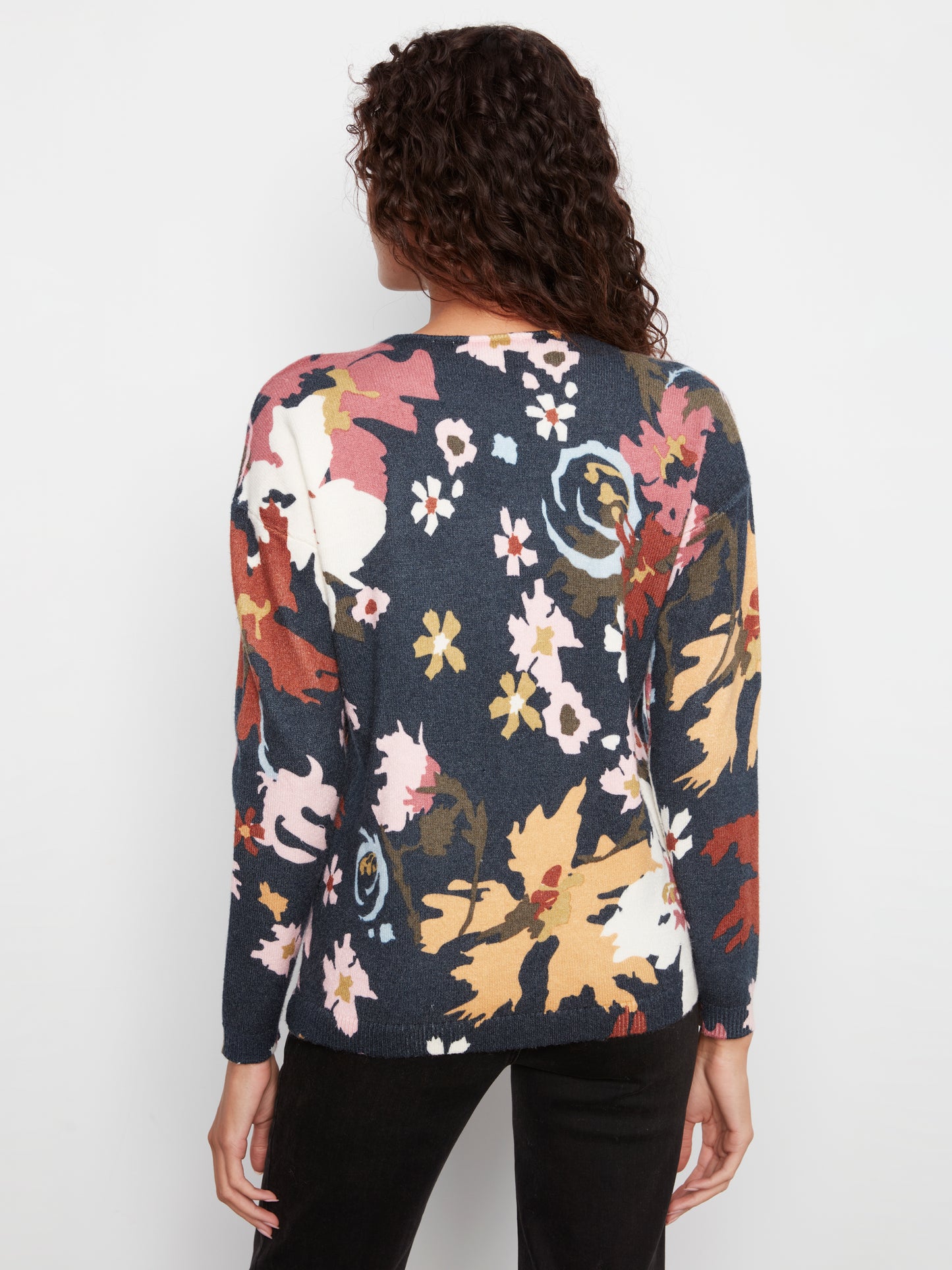 Long Sleeve Drop Shoulder Printed V-Neck Top by Charlie B in Bloom