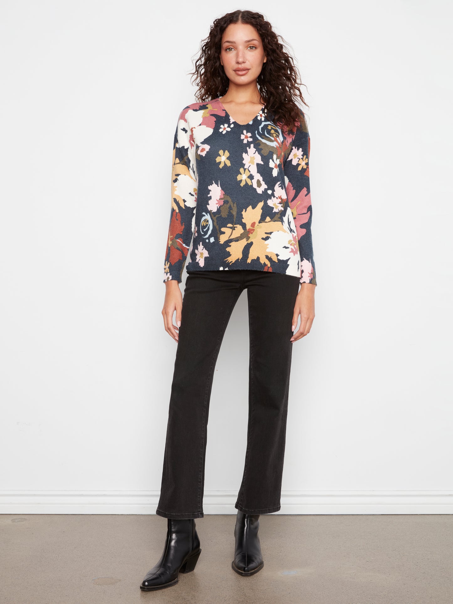 Long Sleeve Drop Shoulder Printed V-Neck Top by Charlie B in Bloom