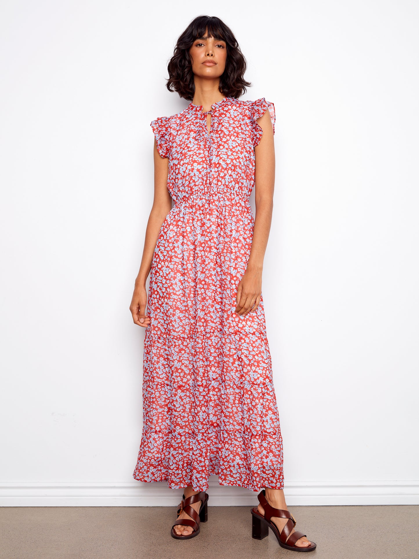 Printed Chiffon Sleeveless Maxi Dress by Charlie B in Dixie