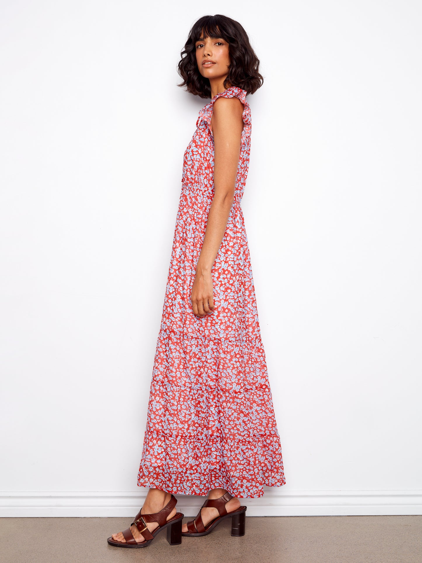 Printed Chiffon Sleeveless Maxi Dress by Charlie B in Dixie