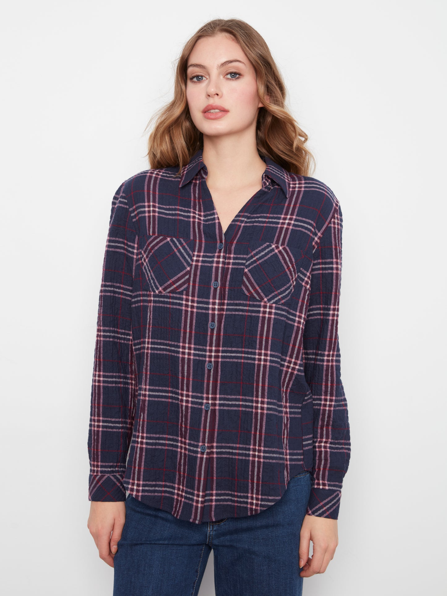 Long Sleeve Top with V-Shaped Placket by Charlie B in Midnight