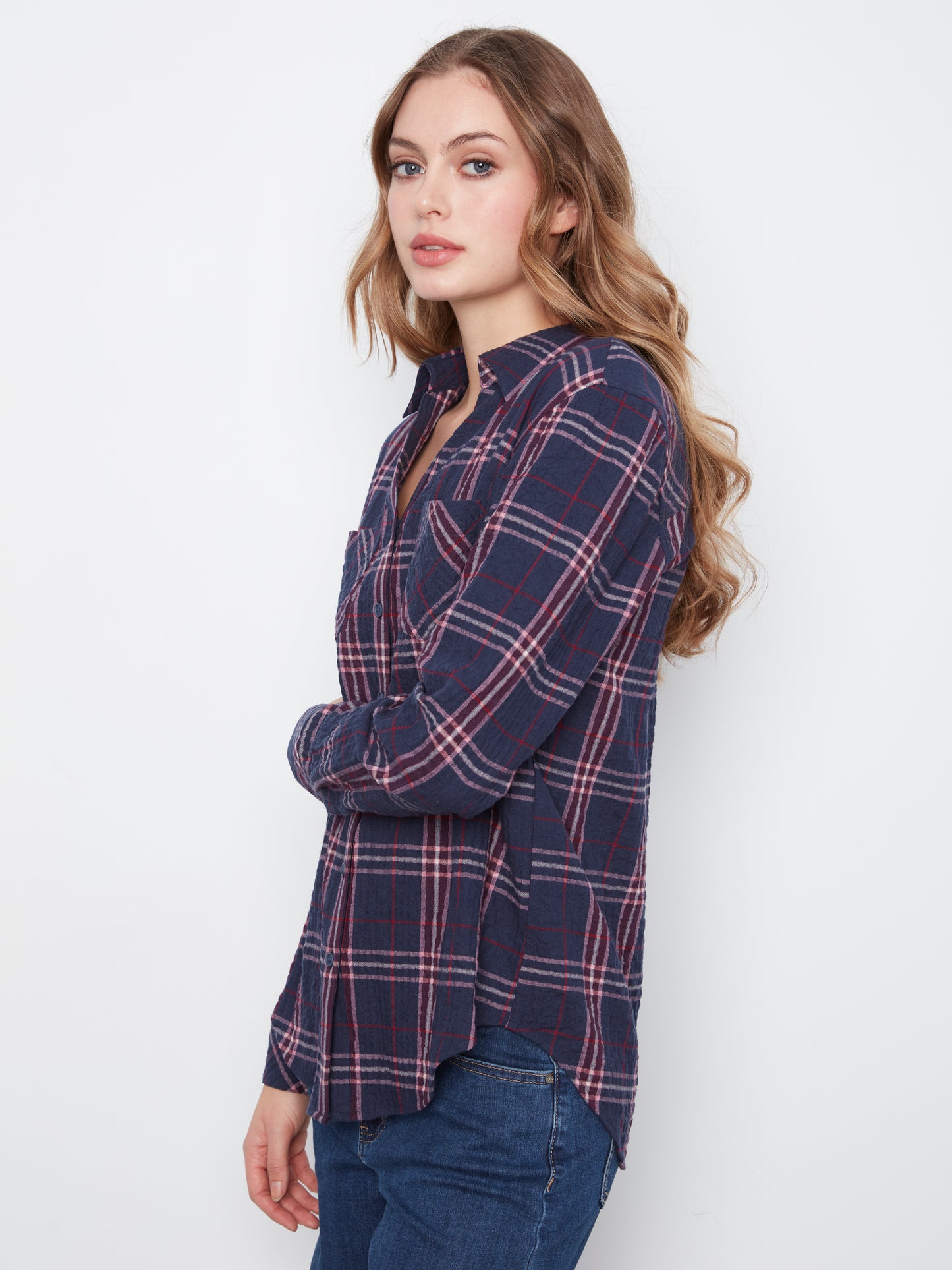 Long Sleeve Top with V-Shaped Placket by Charlie B in Midnight