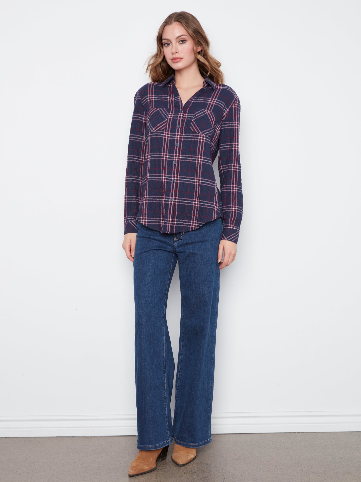 Long Sleeve Top with V-Shaped Placket by Charlie B in Midnight