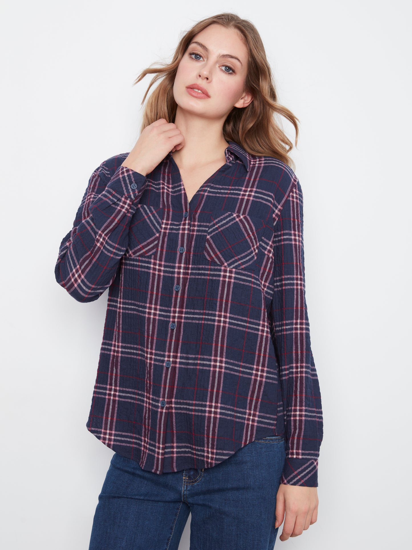 Long Sleeve Top with V-Shaped Placket by Charlie B in Midnight