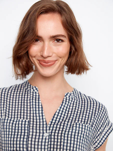 Printed Gingham Short Sleeve Blouse by Charlie B in Navy