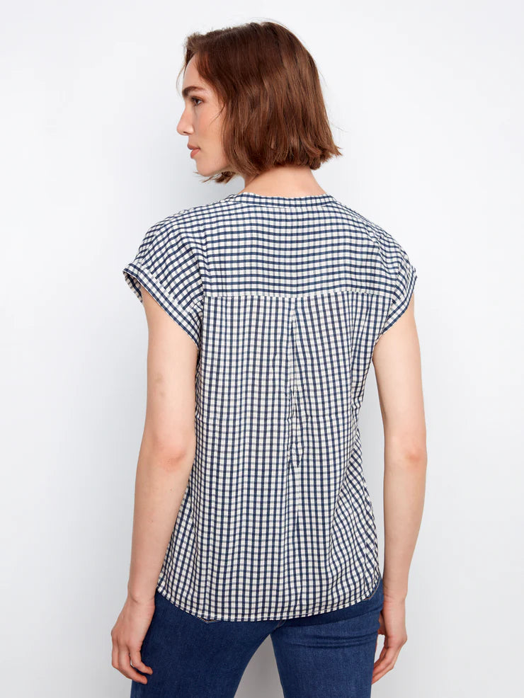 Printed Gingham Short Sleeve Blouse by Charlie B in Navy