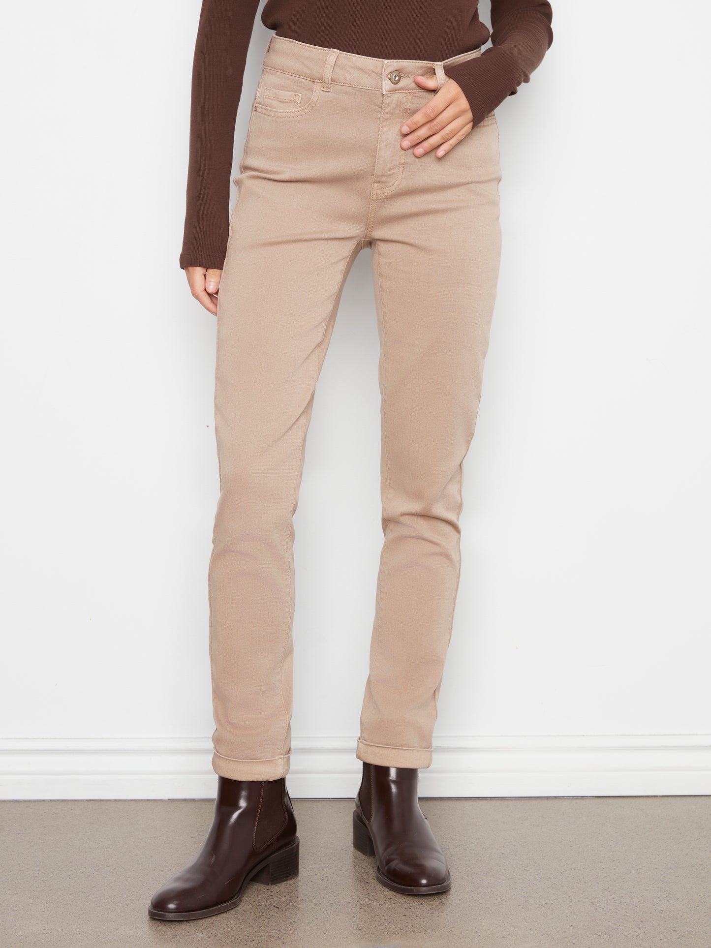 Cuffed Hem Slim 5 Pocket Pants by Charlie B in Latte